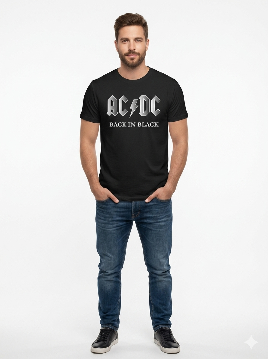 Men’s AC/DC T-Shirt Classic Rock Band Black Cotton Tee Short Sleeve Crew Neck