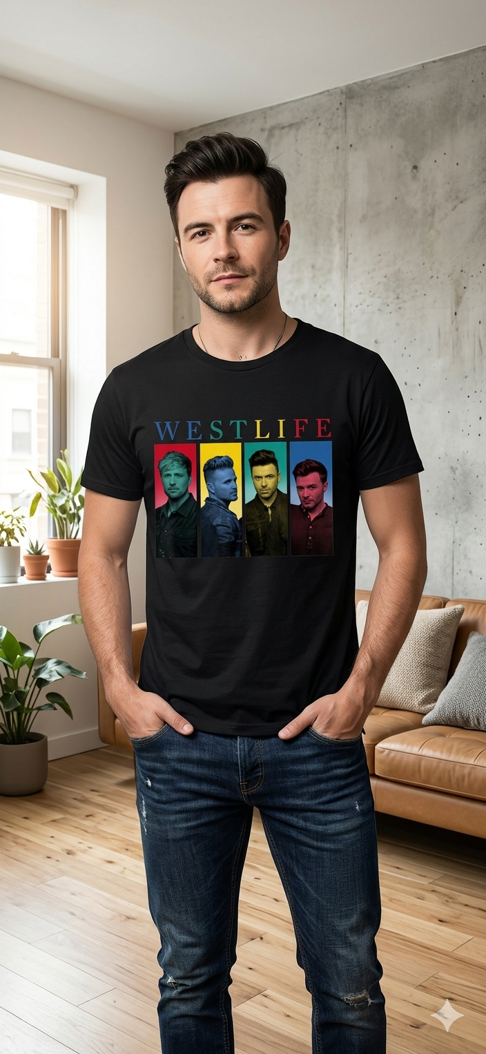 Men's Westlife Portrait Graphic Print T-Shirt Casual Short Sleeve Black Shirt