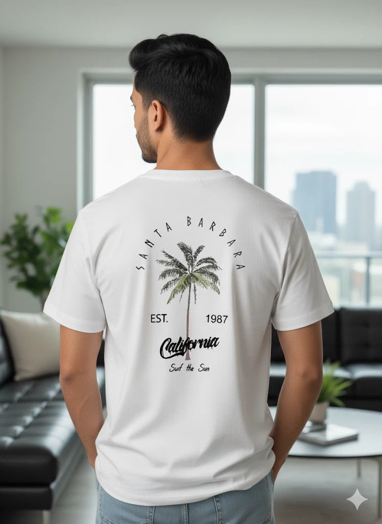 Men’s Heavy-Duty T-Shirt Santa Barbara Palm Tree Graphic Tee Casual Crew Neck Tee