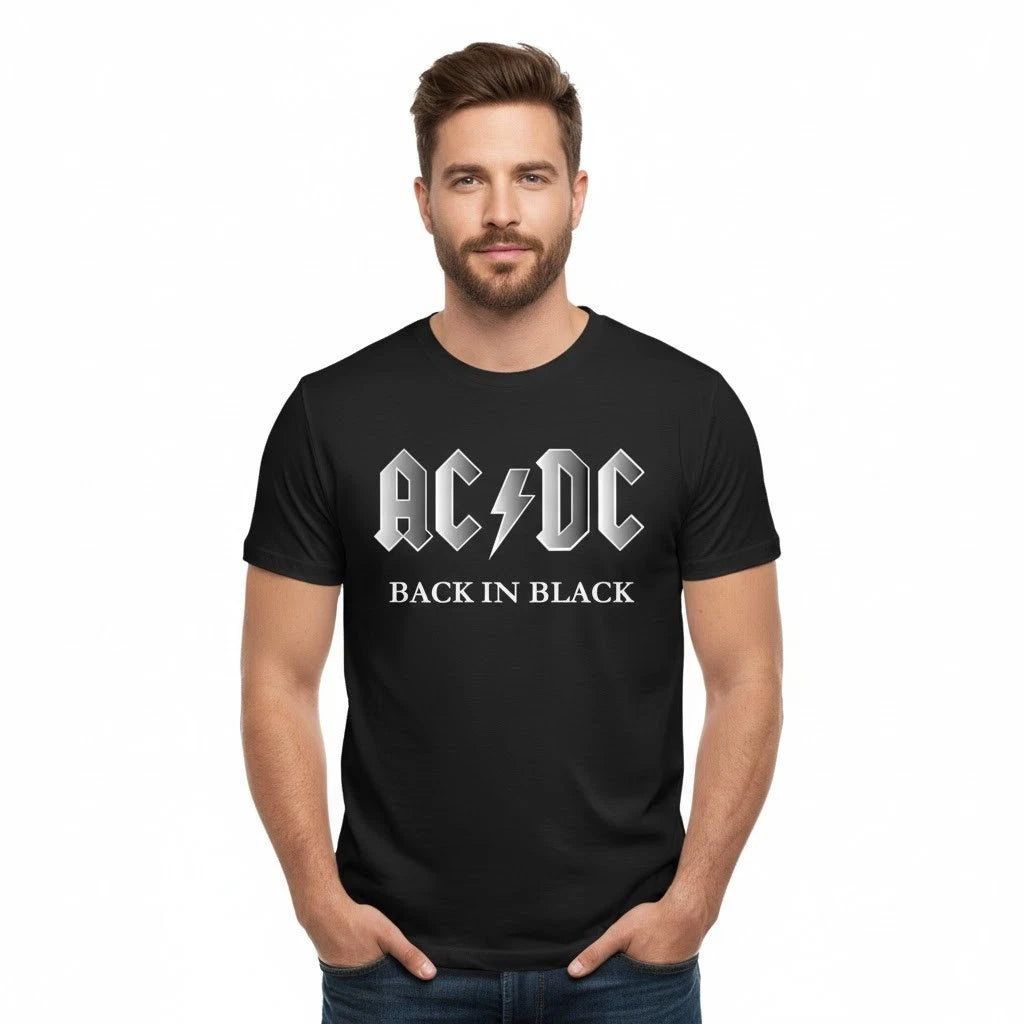 Men’s AC/DC T-Shirt Classic Rock Band Black Cotton Tee Short Sleeve Crew Neck