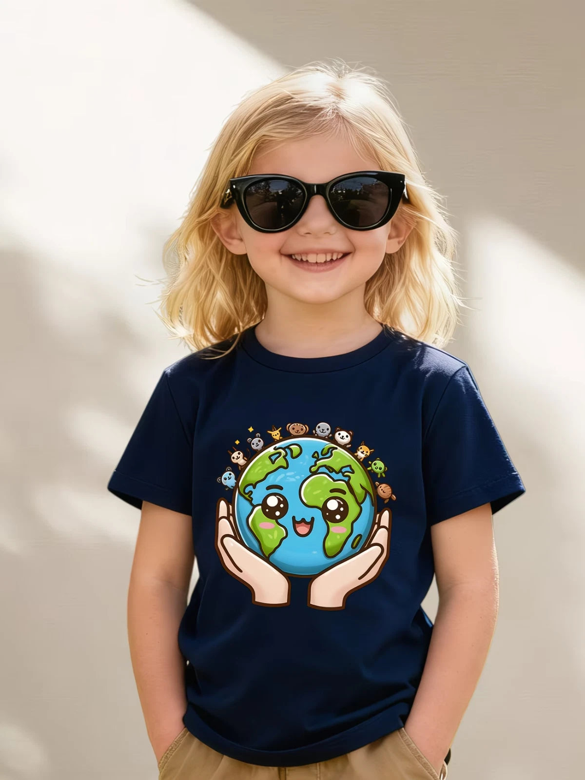 Kids Earth Graphic T-Shirt Hands Holding Planet Casual Summer Tee