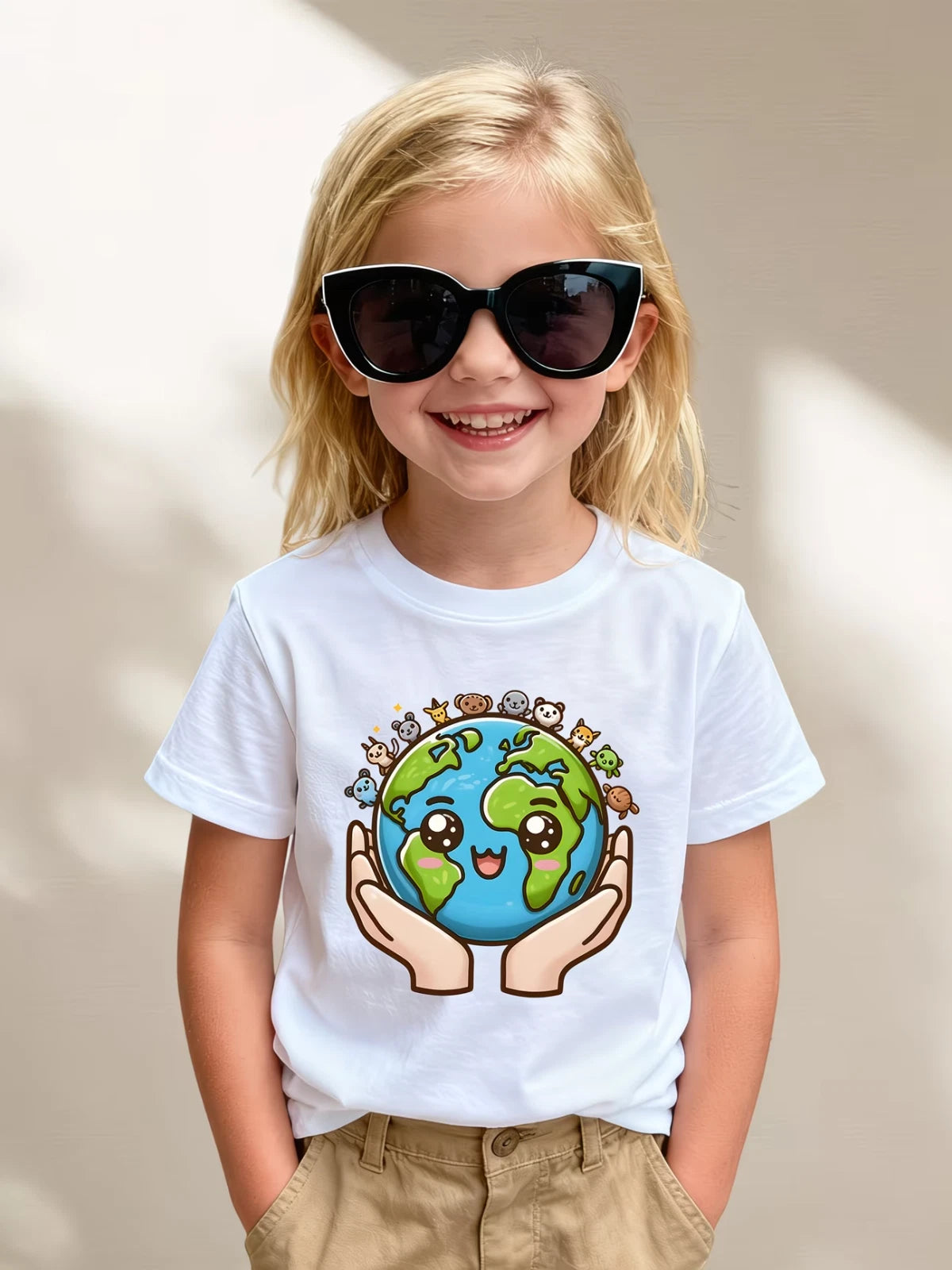 Kids Earth Graphic T-Shirt Hands Holding Planet Casual Summer Tee