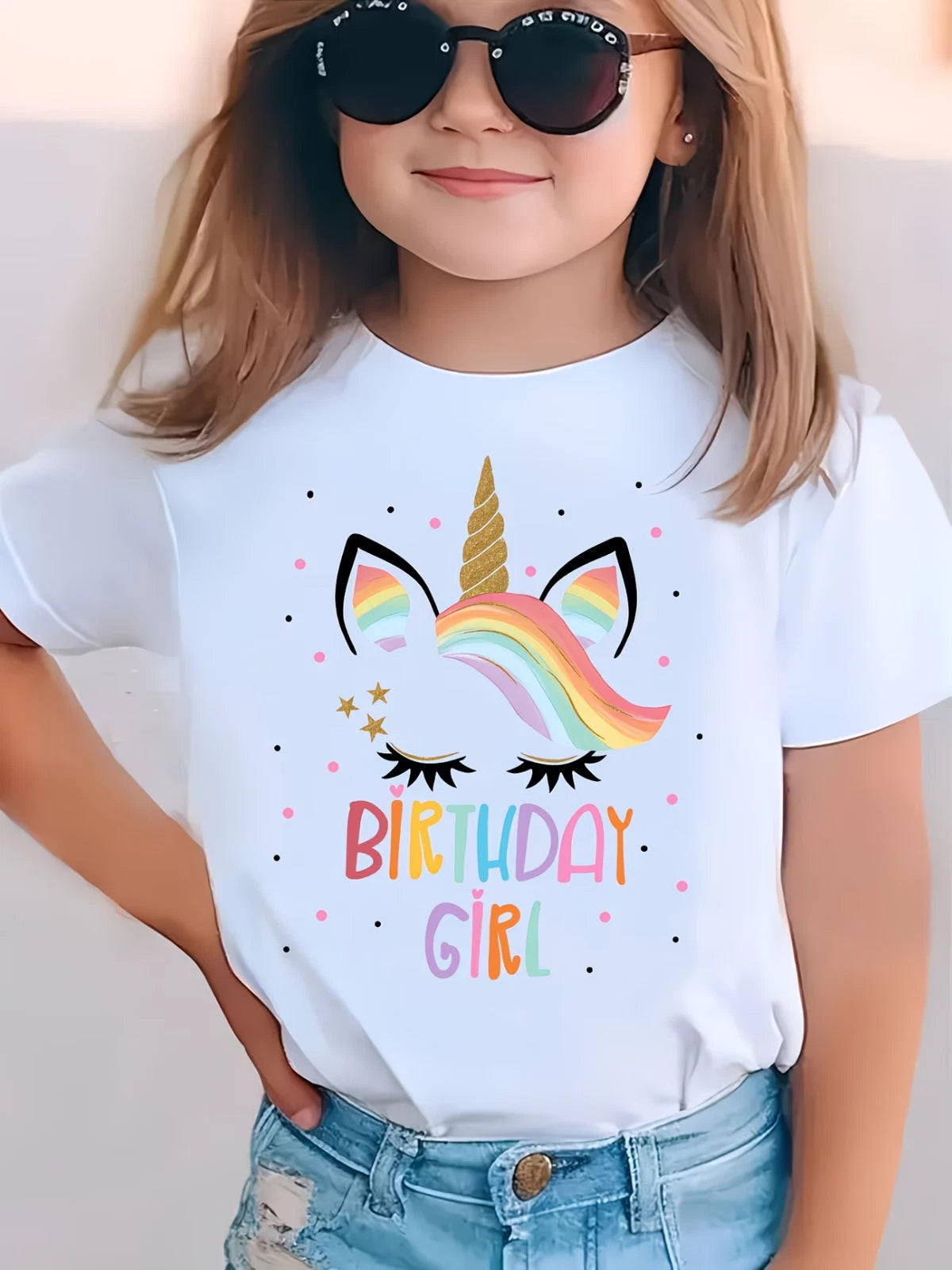 Girls Birthday Girl Unicorn Rainbow Graphic Tee Casual T-Shirt