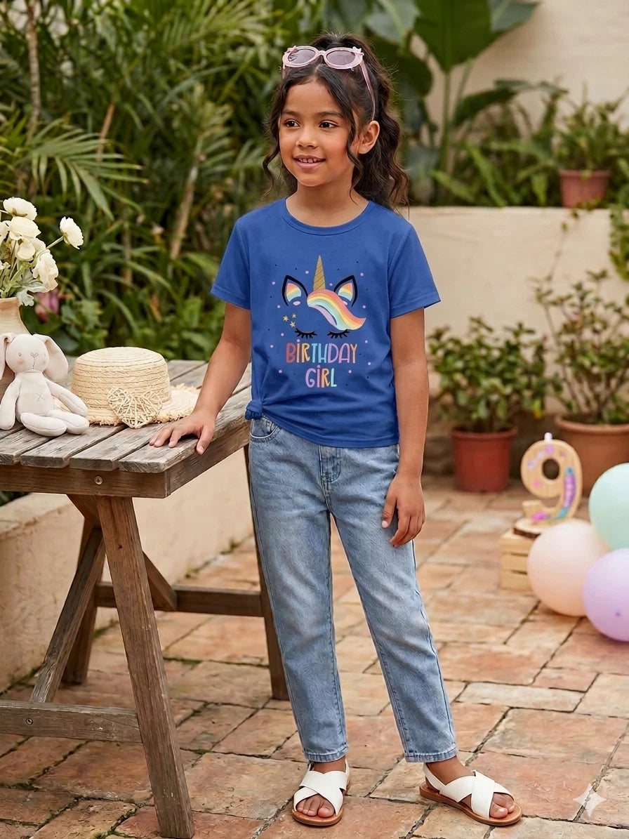 Girls Birthday Girl Unicorn Rainbow Graphic Tee Casual T-Shirt