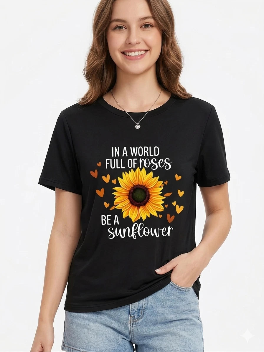 Women’s Sunflower Graphic Tee – Funny Floral Casual Short Sleeve T-Shirt