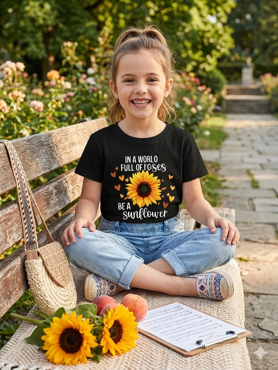 Kid's Sunflower Graphic Tee Funny Floral Casual Short Sleeve T-Shirt