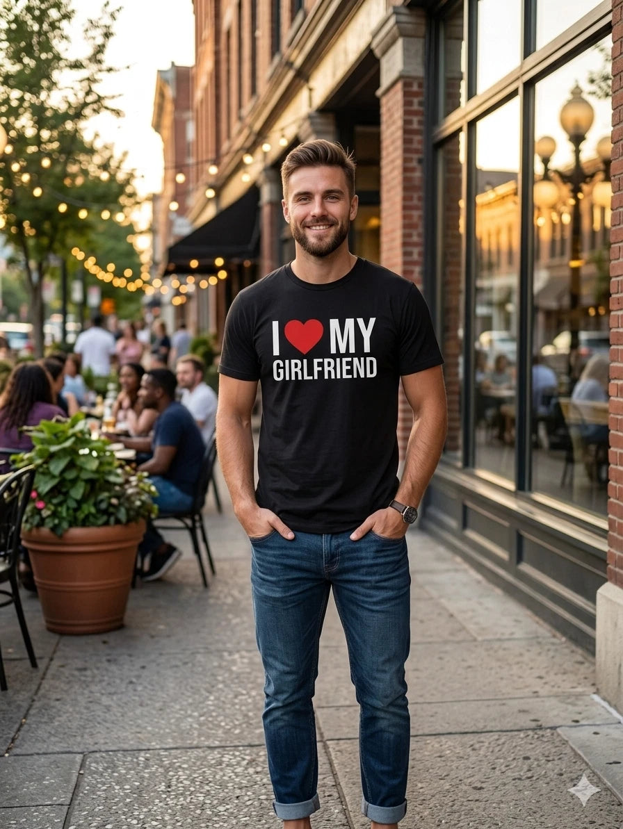 Men's Casual T-Shirt I Love My Girlfriend Short Sleeve Graphic Tee