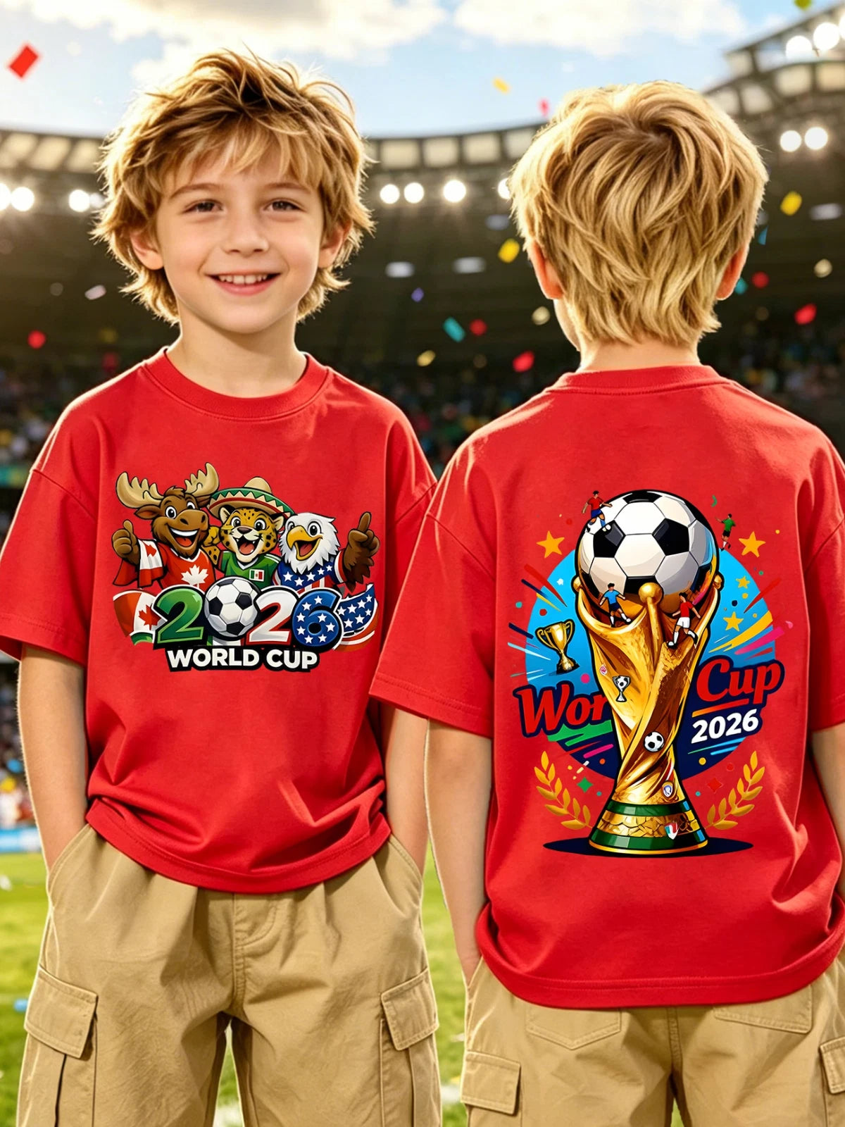 Kids 2026 World Cup Mascot Graphic T-Shirt Double-Sided Football Tee