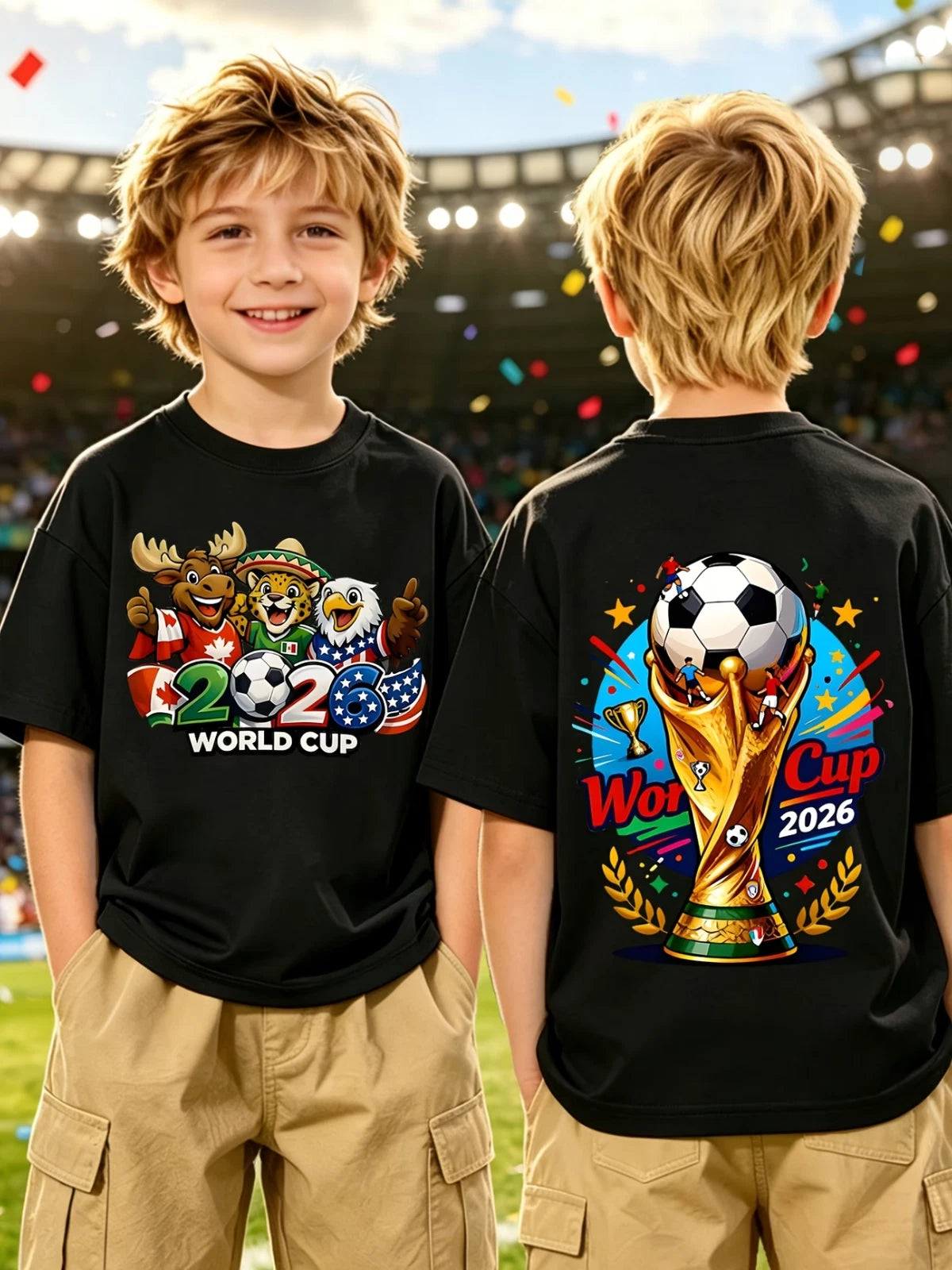 Kids 2026 World Cup Mascot Graphic T-Shirt Double-Sided Football Tee