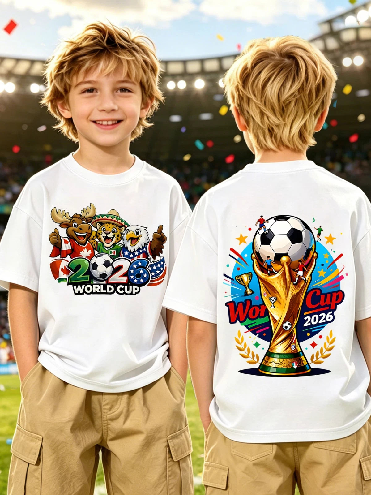 Kids 2026 World Cup Mascot Graphic T-Shirt Double-Sided Football Tee