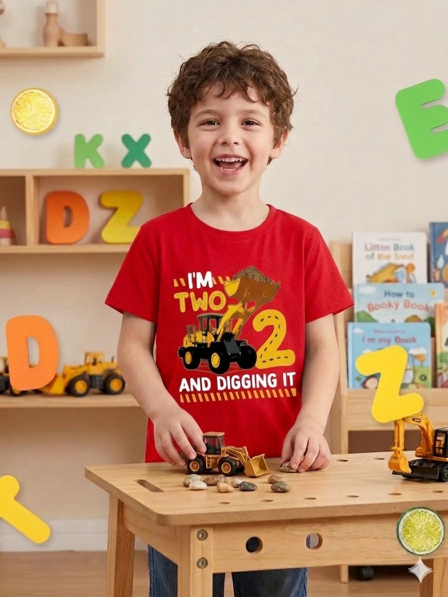 Kids Boys Excavator Birthday T-Shirt Age 2 Digging It Tee