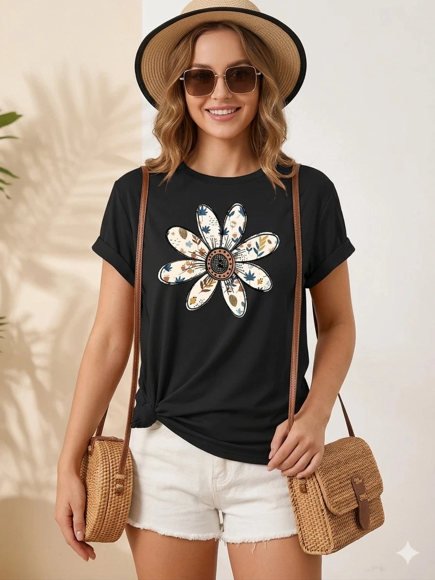 Women’s Casual Floral T-Shirt – Short Sleeve Round Neck Summer Tee