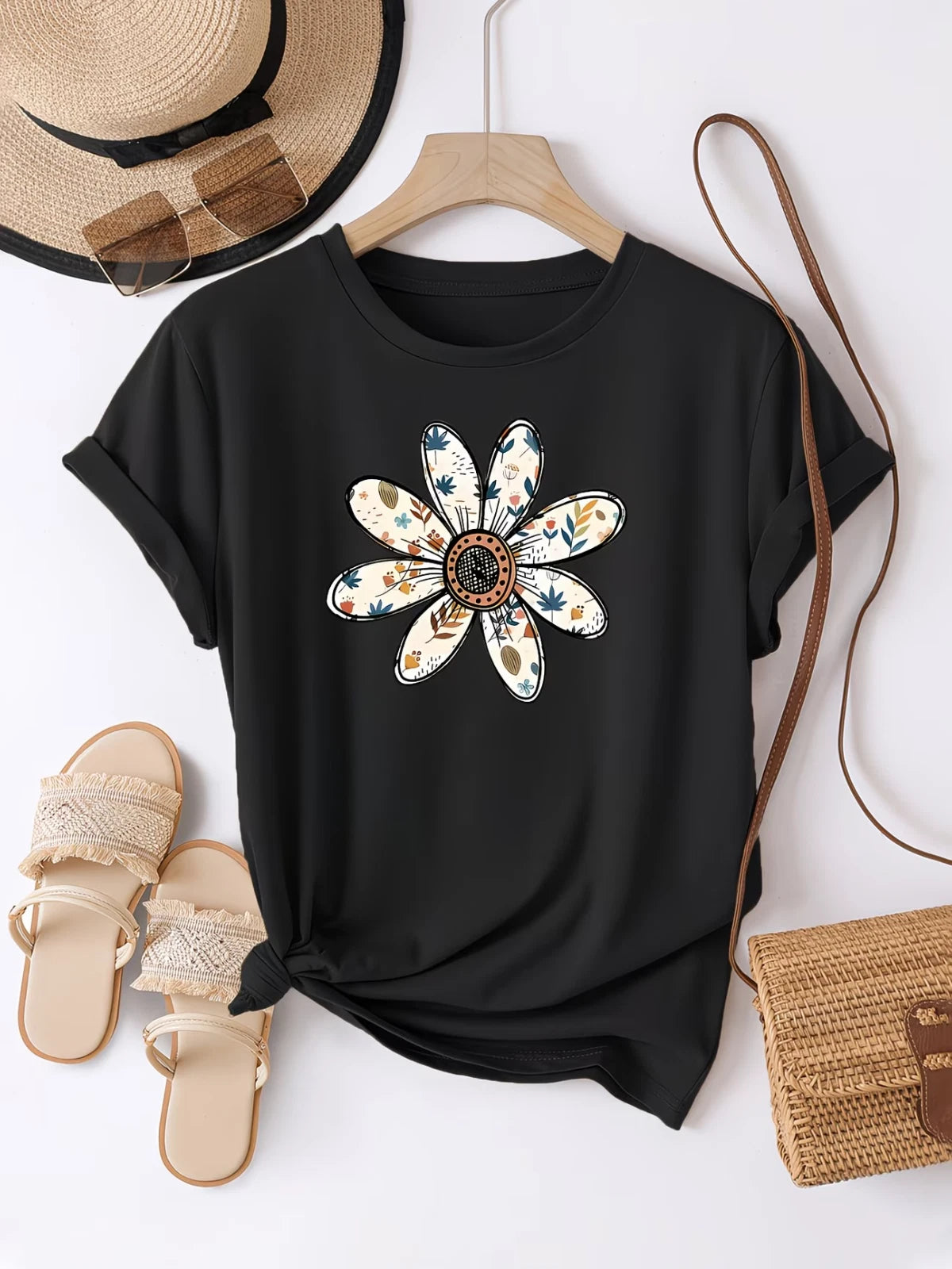 Women’s Casual Floral T-Shirt – Short Sleeve Round Neck Summer Tee