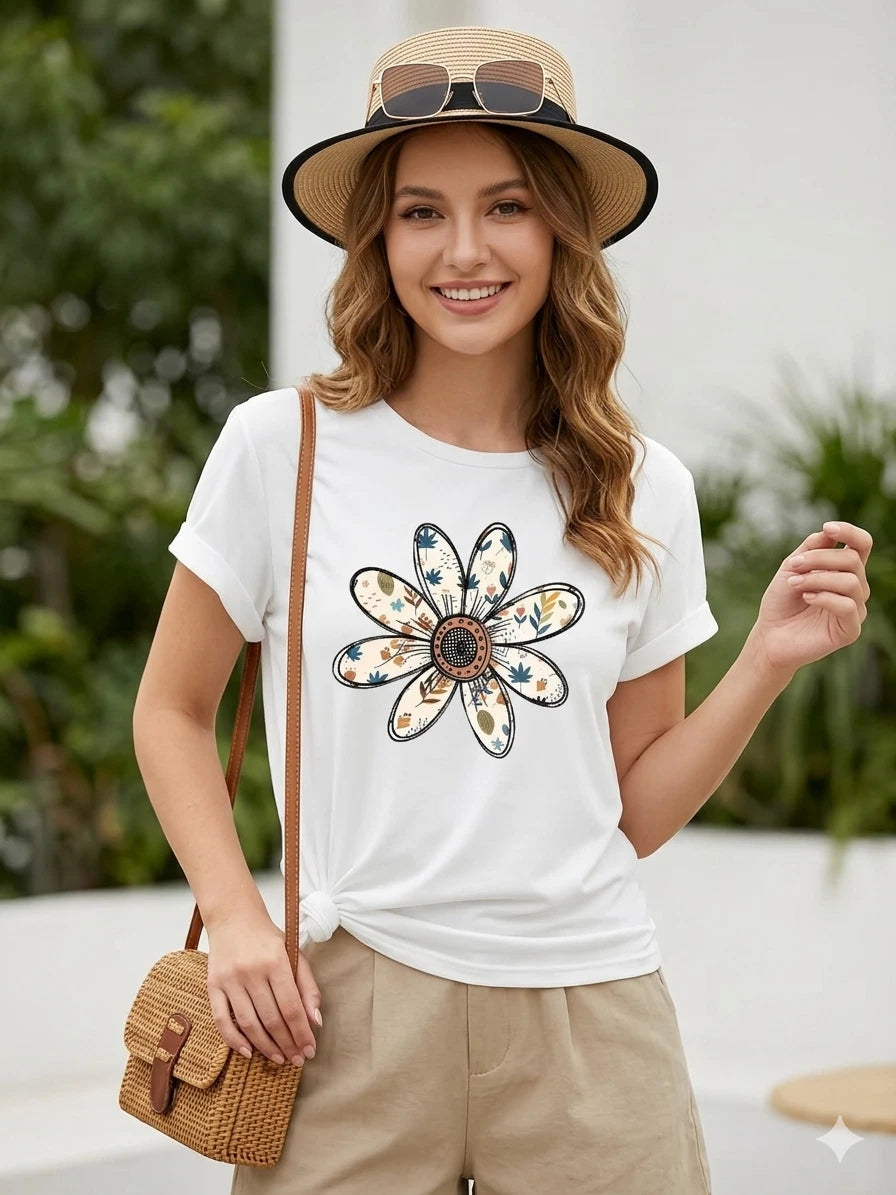 Women’s Casual Floral T-Shirt – Short Sleeve Round Neck Summer Tee