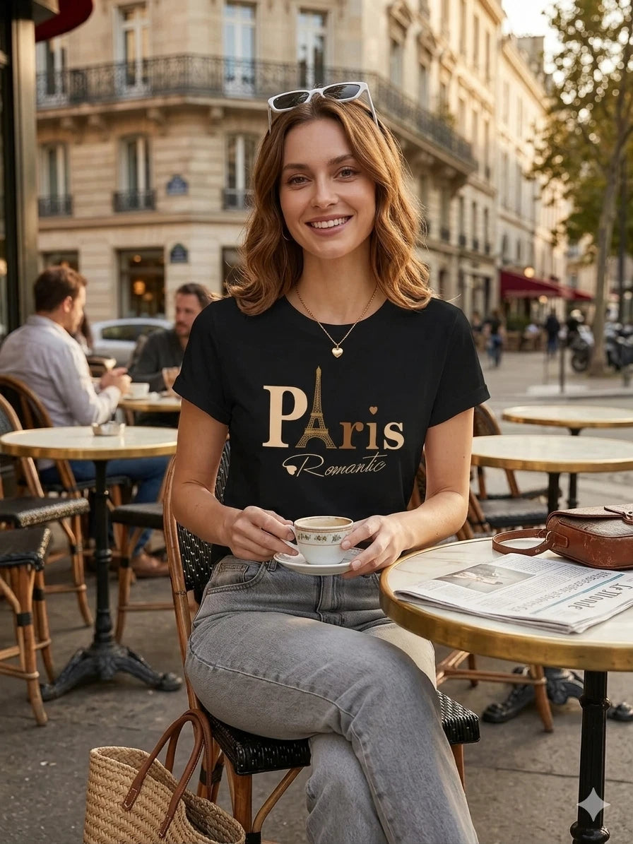 Women’s PARIS Graphic Print T-Shirt Casual Crew Neck Short Sleeve Tee